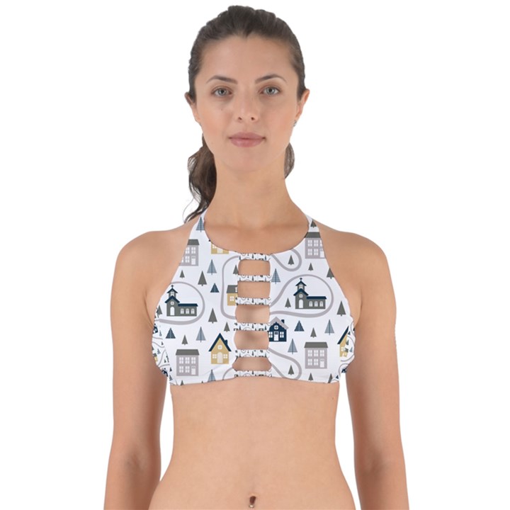 Abstract Seamless Pattern With Cute Houses Trees Road Perfectly Cut Out Bikini Top