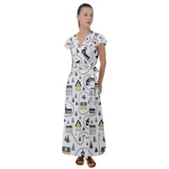 Abstract Seamless Pattern With Cute Houses Trees Road Flutter Sleeve Maxi Dress