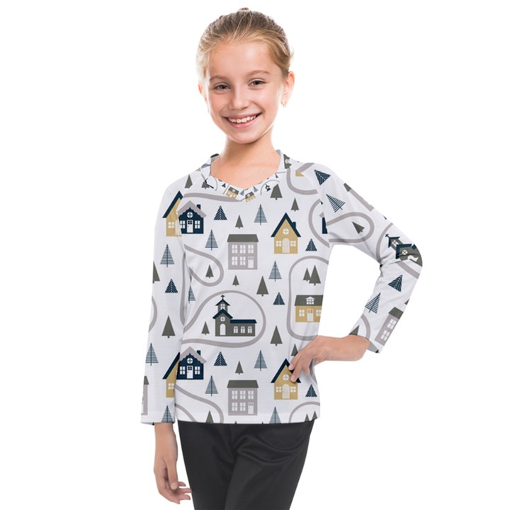 Abstract Seamless Pattern With Cute Houses Trees Road Kids  Long Mesh Tee