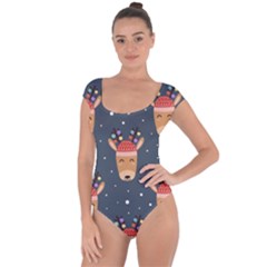 Cute Deer Heads Seamless Pattern Christmas Short Sleeve Leotard  by Vaneshart