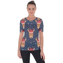 Cute Deer Heads Seamless Pattern Christmas Shoulder Cut Out Short Sleeve Top by Vaneshart