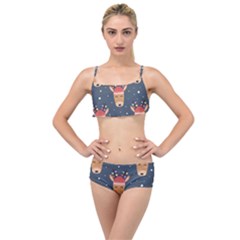 Cute Deer Heads Seamless Pattern Christmas Layered Top Bikini Set