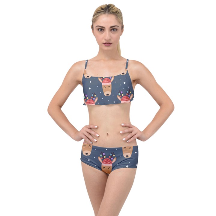 Cute Deer Heads Seamless Pattern Christmas Layered Top Bikini Set