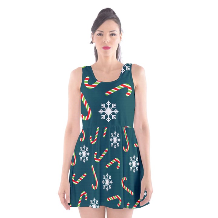 Christmas Seamless Pattern With Candies Snowflakes Scoop Neck Skater Dress