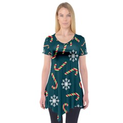 Christmas Seamless Pattern With Candies Snowflakes Short Sleeve Tunic 