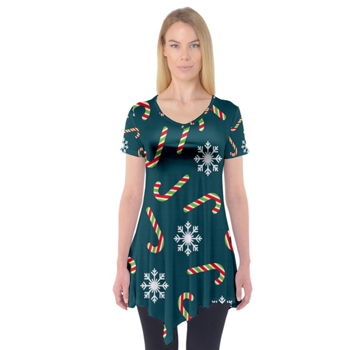 Christmas Seamless Pattern With Candies Snowflakes Short Sleeve Tunic 