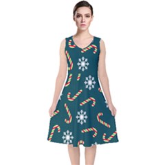 Christmas Seamless Pattern With Candies Snowflakes V-neck Midi Sleeveless Dress  by Vaneshart