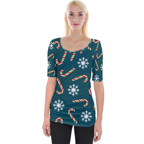 Christmas Seamless Pattern With Candies Snowflakes Wide Neckline Tee by Vaneshart