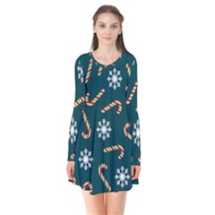 Christmas Seamless Pattern With Candies Snowflakes Long Sleeve V-neck Flare Dress by Vaneshart