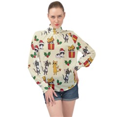 Christmas Funny Pattern Cat High Neck Long Sleeve Chiffon Top by Vaneshart