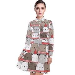 Cute Adorable Bear Merry Christmas Happy New Year Cartoon Doodle Seamless Pattern Long Sleeve Chiffon Shirt Dress by Vaneshart