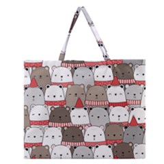 Cute Adorable Bear Merry Christmas Happy New Year Cartoon Doodle Seamless Pattern Zipper Large Tote Bag by Vaneshart