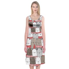 Cute Adorable Bear Merry Christmas Happy New Year Cartoon Doodle Seamless Pattern Midi Sleeveless Dress by Vaneshart