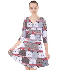 Cute Adorable Bear Merry Christmas Happy New Year Cartoon Doodle Seamless Pattern Quarter Sleeve Front Wrap Dress