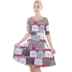 Cute Adorable Bear Merry Christmas Happy New Year Cartoon Doodle Seamless Pattern Quarter Sleeve A-line Dress by Vaneshart