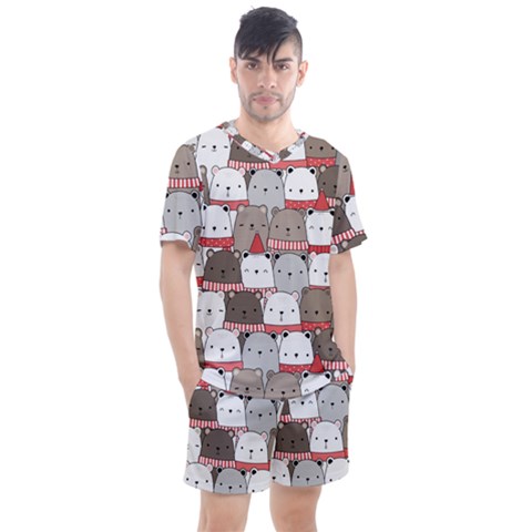 Cute Adorable Bear Merry Christmas Happy New Year Cartoon Doodle Seamless Pattern Men s Mesh Tee And Shorts Set by Vaneshart