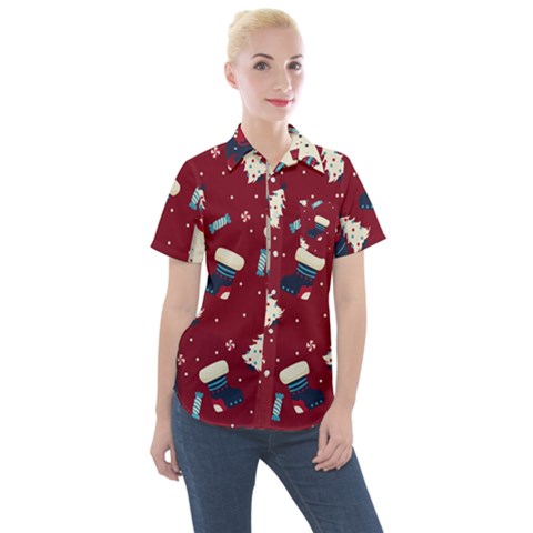 Flat Design Christmas Pattern Collection Art Women s Short Sleeve Pocket Shirt by Vaneshart