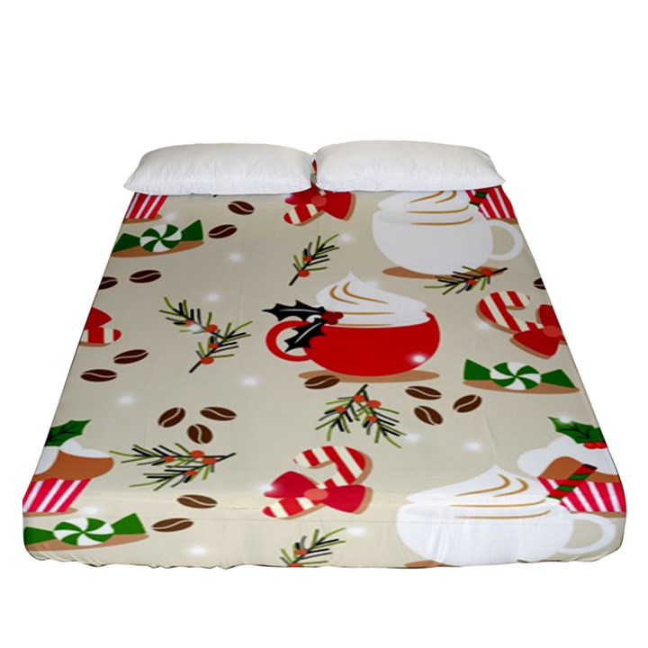 Christmas Coffe Cupcake Seamless Pattern Fitted Sheet (Queen Size)