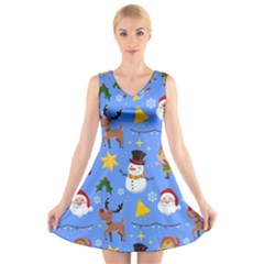 Funny Christmas Pattern With Snowman Reindeer V-neck Sleeveless Dress by Vaneshart