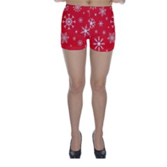 Christmas Seamless With Snowflakes Snowflake Pattern Red Background Winter Skinny Shorts by Vaneshart