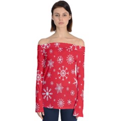 Christmas Seamless With Snowflakes Snowflake Pattern Red Background Winter Off Shoulder Long Sleeve Top by Vaneshart