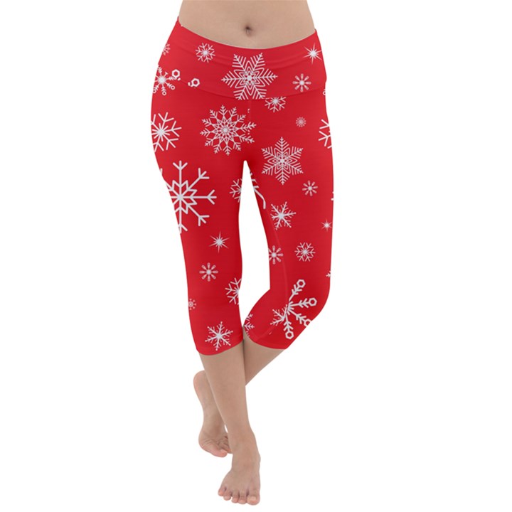 Christmas Seamless With Snowflakes Snowflake Pattern Red Background Winter Lightweight Velour Capri Yoga Leggings