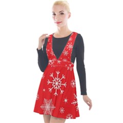 Christmas Seamless With Snowflakes Snowflake Pattern Red Background Winter Plunge Pinafore Velour Dress by Vaneshart