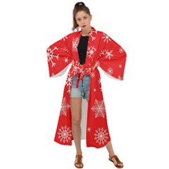 Christmas Seamless With Snowflakes Snowflake Pattern Red Background Winter Maxi Kimono