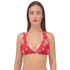 Christmas Seamless With Snowflakes Snowflake Pattern Red Background Winter Double Strap Halter Bikini Top by Vaneshart