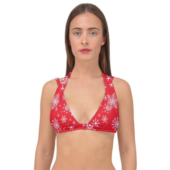 Christmas Seamless With Snowflakes Snowflake Pattern Red Background Winter Double Strap Halter Bikini Top