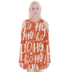 Ho Ho Ho Lettering Seamless Pattern Santa Claus Laugh Velvet Long Sleeve Shoulder Cutout Dress by Vaneshart