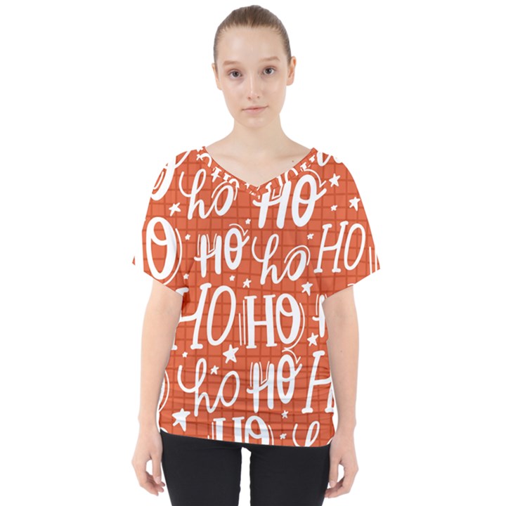 Ho Ho Ho Lettering Seamless Pattern Santa Claus Laugh V-Neck Dolman Drape Top