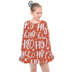 Ho Ho Ho Lettering Seamless Pattern Santa Claus Laugh Kids  Long Sleeve Dress by Vaneshart