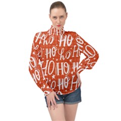 Ho Ho Ho Lettering Seamless Pattern Santa Claus Laugh High Neck Long Sleeve Chiffon Top by Vaneshart