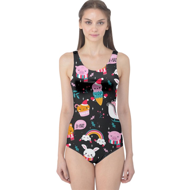 Colorful Funny Christmas Pattern Merry Xmas One Piece Swimsuit