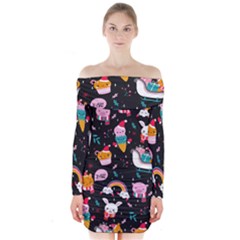 Colorful Funny Christmas Pattern Merry Xmas Long Sleeve Off Shoulder Dress