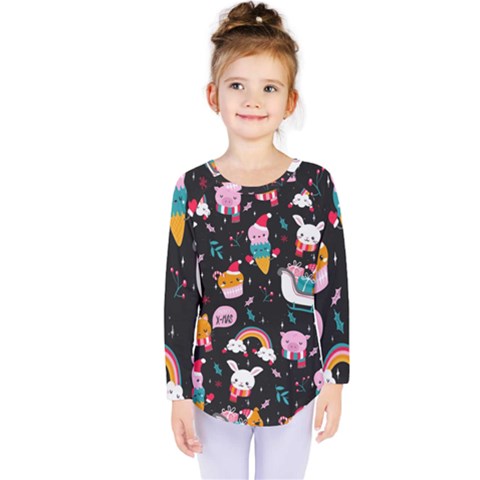 Colorful Funny Christmas Pattern Merry Xmas Kids  Long Sleeve Tee by Vaneshart