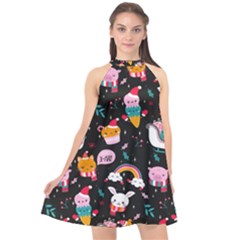 Colorful Funny Christmas Pattern Merry Xmas Halter Neckline Chiffon Dress  by Vaneshart