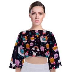 Colorful Funny Christmas Pattern Merry Xmas Tie Back Butterfly Sleeve Chiffon Top by Vaneshart