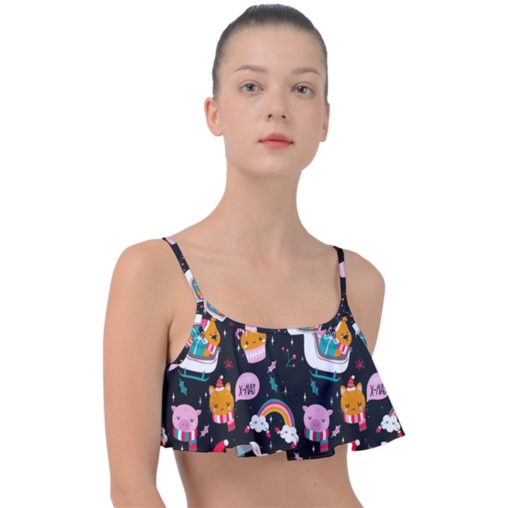 Colorful Funny Christmas Pattern Merry Xmas Frill Bikini Top