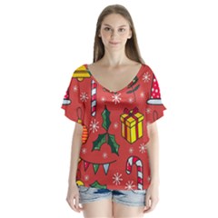 Colorful Funny Christmas Pattern V-neck Flutter Sleeve Top by Vaneshart