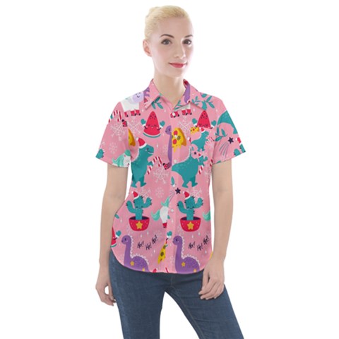 Colorful Funny Christmas Pattern Ho Ho Ho Women s Short Sleeve Pocket Shirt by Vaneshart