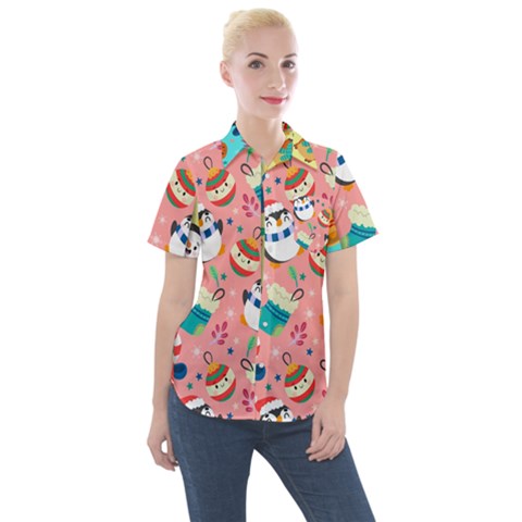 Hand Drawn Christmas Pattern Collection Women s Short Sleeve Pocket Shirt by Vaneshart