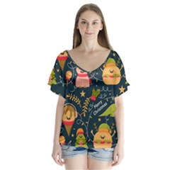 Colorful Funny Christmas Pattern Merry Christmas Xmas V-neck Flutter Sleeve Top by Vaneshart