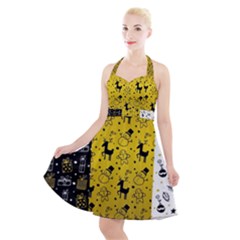 Black Golden Christmas Pattern Collection Halter Party Swing Dress  by Vaneshart