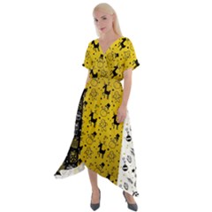 Black Golden Christmas Pattern Collection Cross Front Sharkbite Hem Maxi Dress by Vaneshart