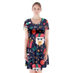 Colorful Funny Christmas Pattern Cute Cartoon Short Sleeve V-neck Flare Dress by Vaneshart