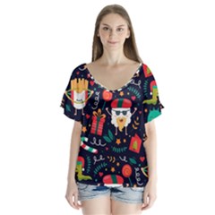 Colorful Funny Christmas Pattern Cute Cartoon V-neck Flutter Sleeve Top by Vaneshart