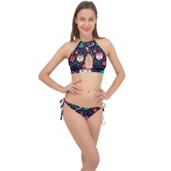 Colorful Funny Christmas Pattern Cute Cartoon Cross Front Halter Bikini Set by Vaneshart