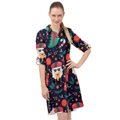 Colorful Funny Christmas Pattern Cute Cartoon Long Sleeve Mini Shirt Dress by Vaneshart